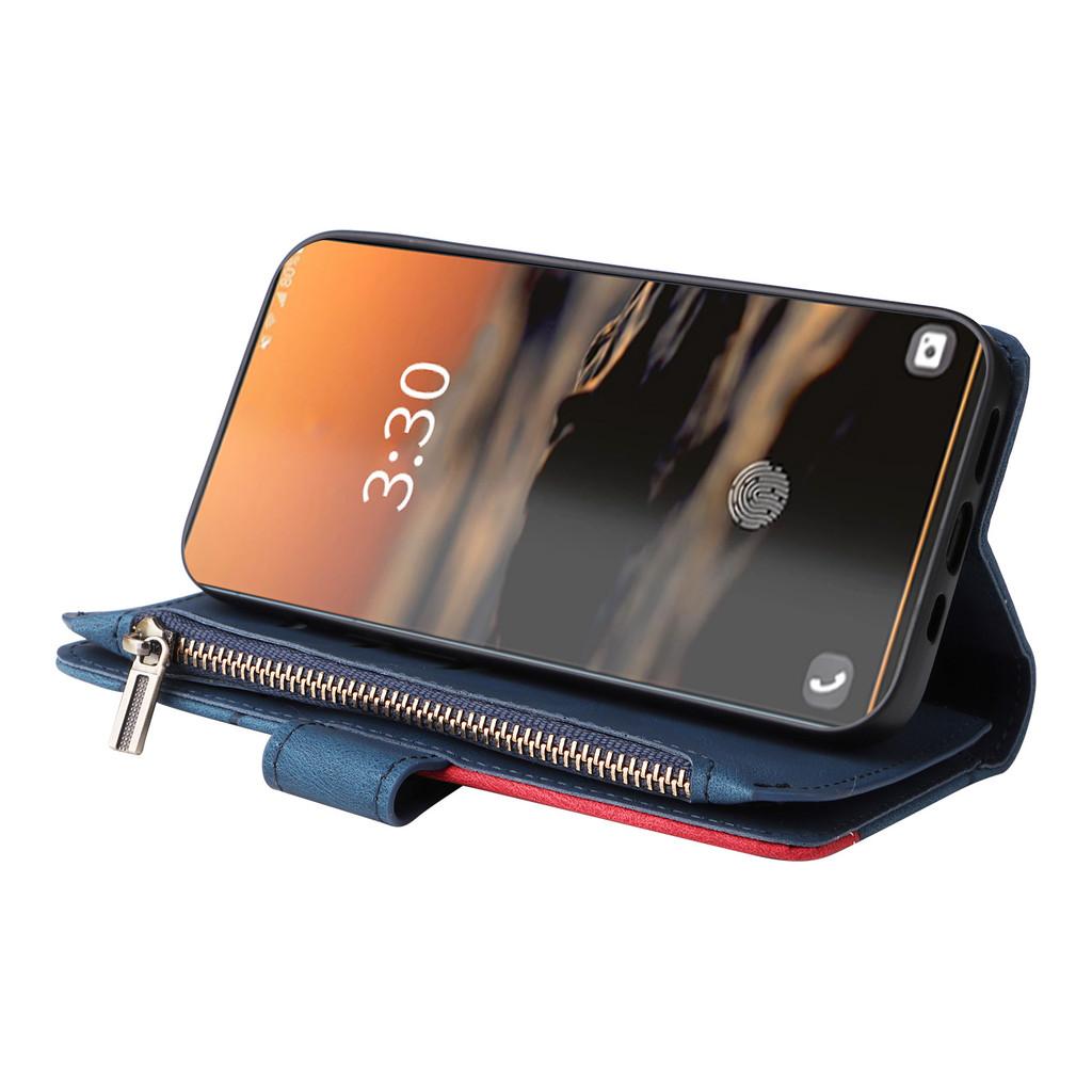 Stylish Dual-color Nine-card Zipper Case With Card Holder And Stand For Samsung A14