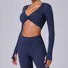 Long Sleeve Workout Tops for Women Twist Front Deep V Neck Cropped Athletic Top Yoga Pilates Gym Outfit