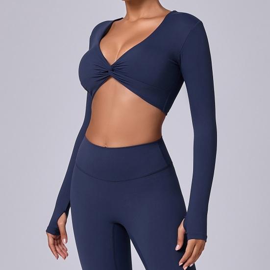 Long Sleeve Workout Tops for Women Twist Front Deep V Neck Cropped Athletic Top Yoga Pilates Gym Outfit