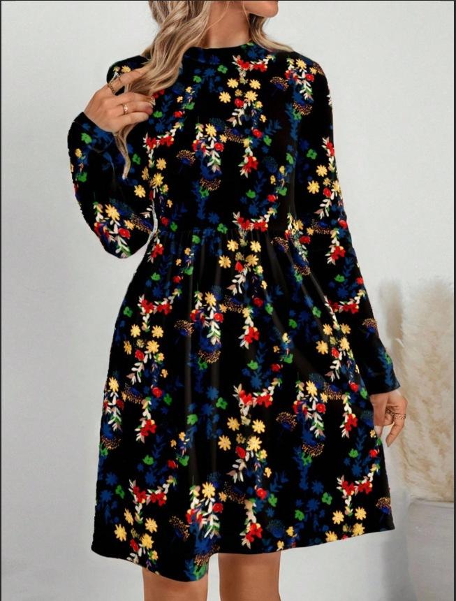 Autumn and winter new casual fashion floral printing long-sleeved stand-up collar dress women's clothing