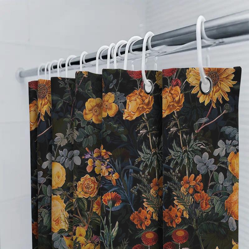 Floral Shower Curtain Botanical Print Bathroom Decor Vintage Flower Pattern Waterproof Fabric Backdrop Washable Artistic Home Te