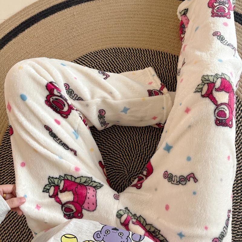Cartoon Flannel Pajama Pants for Women - Winter Warm Fleece Lounge Pants, Coral Velvet Sleepwear Bottoms for Students, Cozy Home & Outdoor Wear