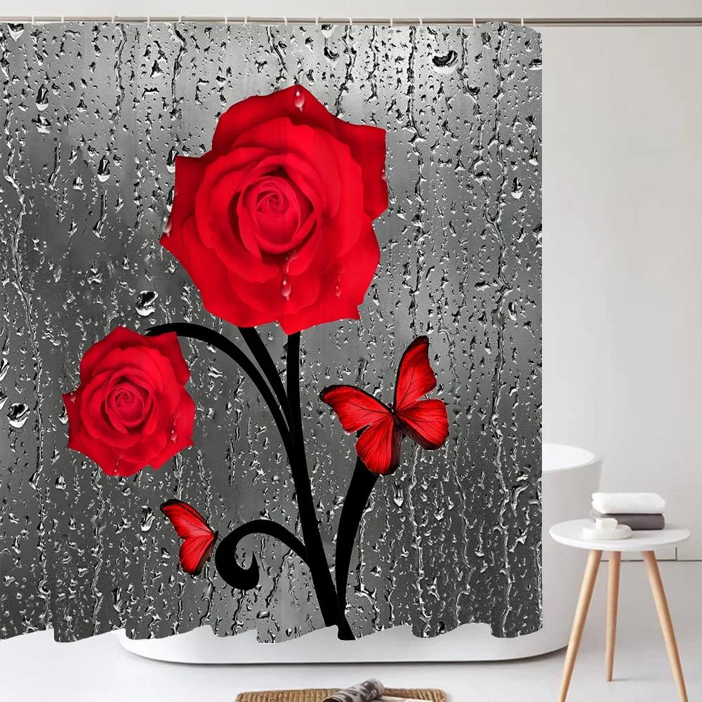 Blue Rose Plant with Floral Bathroom Decoration Shower Curtain with Hooks