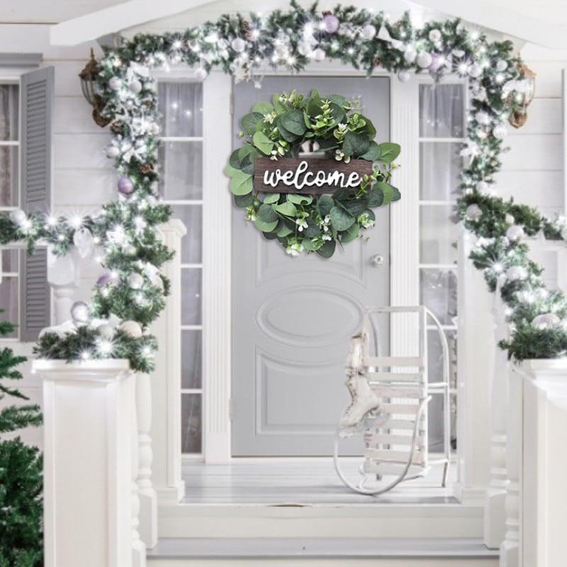 Welcome Sign With Artificial Wreath Front Door Decor Round Wooden Hanging Sign Farmhouse Porch Decorations For Home Outdoor Indoor 30CM