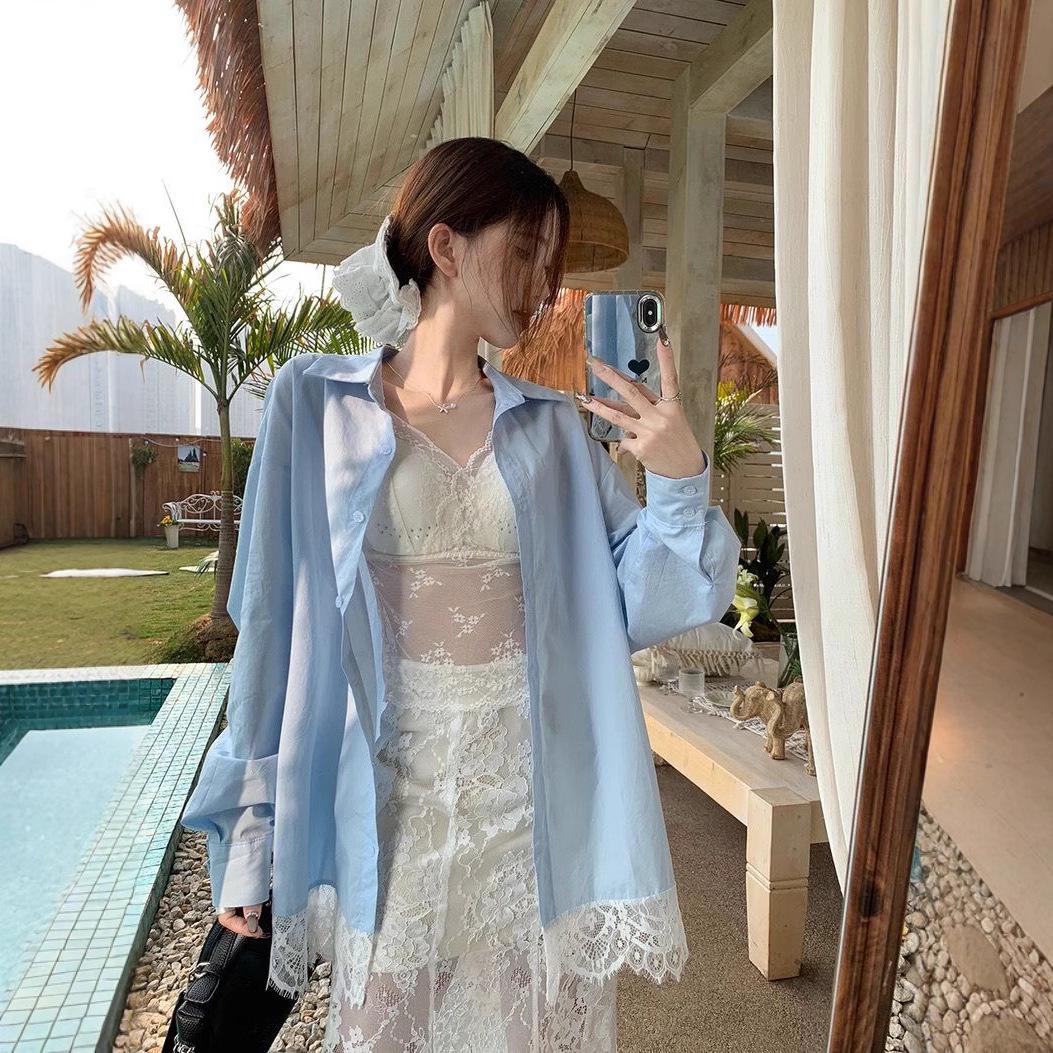 

Women s Blue Lace Patchwork Polo Collar Cardigan – Spring Long Sleeve Loose Fit Sun Protection Shirt. S синій