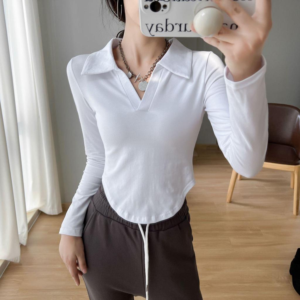 Women's Black Pure Cotton Polo Collar Long-Sleeve Slim-Fit T-Shirt, Curved Hem, Versatile Spring/Autumn Style.