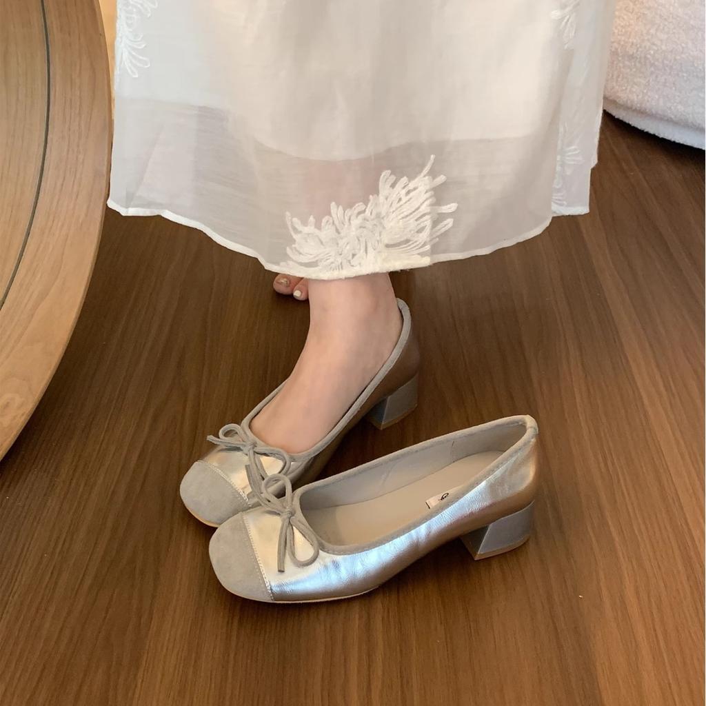 Xiaoxiangfeng Light Mouth Silver Single Shoes Spring and Summer French with Skirt Red Evening Grandma Shoes Gentle Thick Heel High Heels