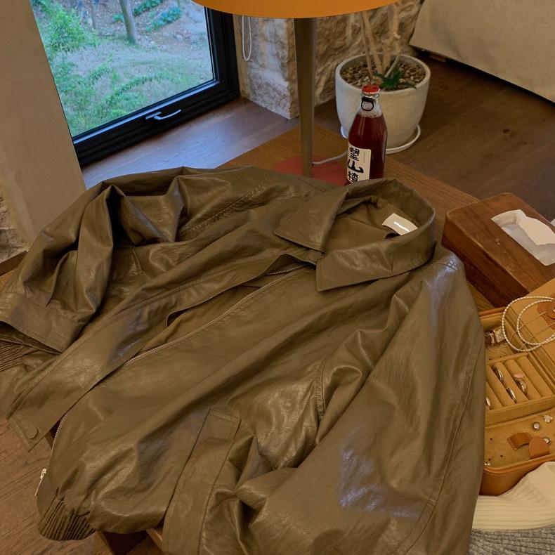 Women's Korean Style Retro Brown Faux Leather Pilot Jacket - Autumn High-End Versatile Outerwear.