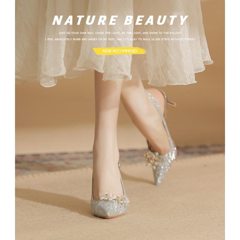 7520-1 [sheepskin] high heels women's thin heels 2025 new pointed back empty sandals temperament crystal wedding shoes