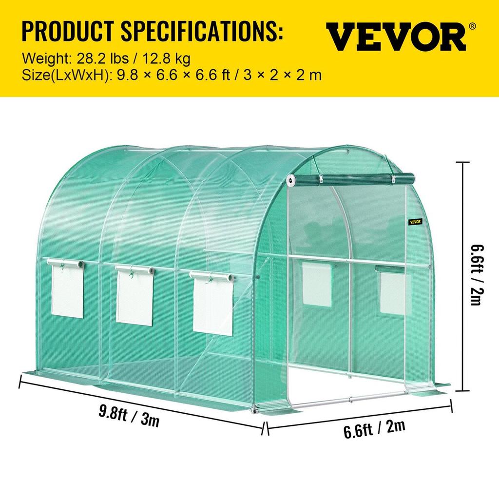 Walk-in Tunnel Greenhouse, 10 x 7 x 7 ft Portable Plant Hot House w/ Galvanized Steel Hoops, 1 Top Beam, Diagonal Poles, Zippered Door & 6 Roll-up