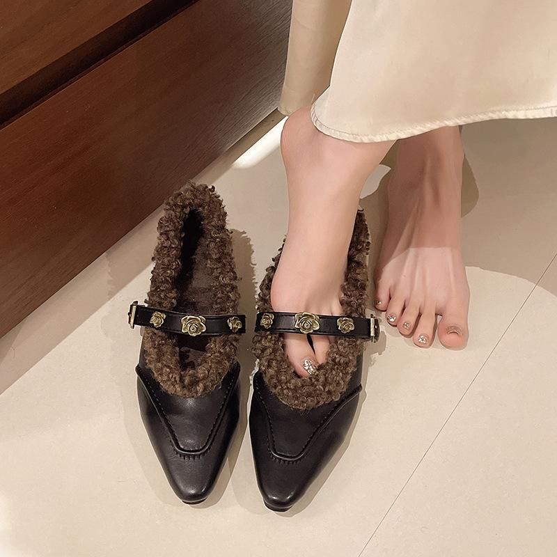Women's shoes with fleece to keep warm Mary Jane women's shoes inner height increase single shoes women's 2025 autumn and winter new flat shoes fluffy