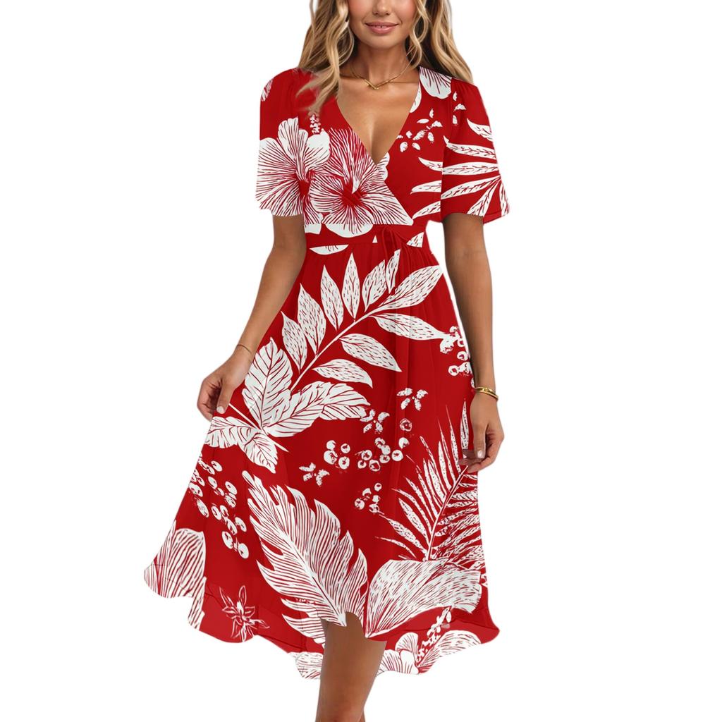 Women's Casual V Neck Short Sleeve Hawaiian Print Dress Summer Beachwear Midi Dress with Wrap Style and Relaxed Fit