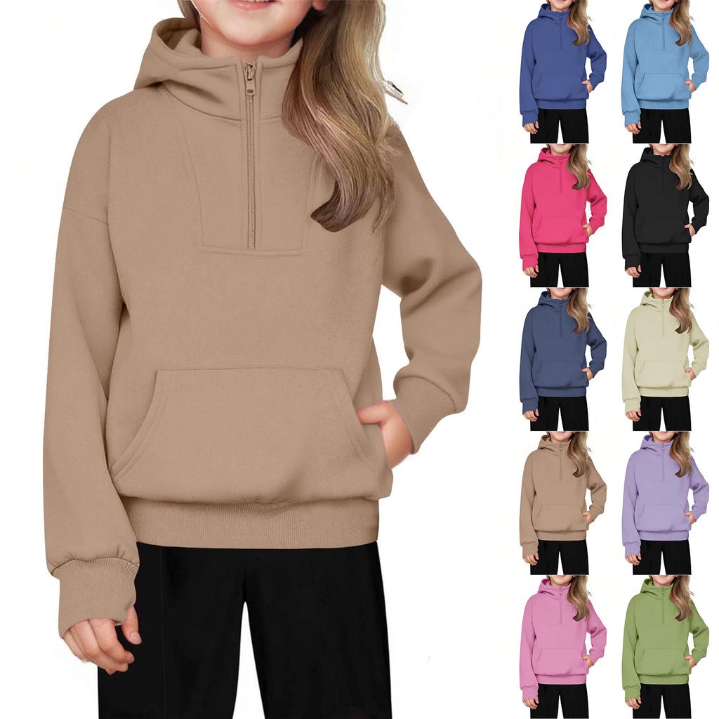 Children's Relaxed Fit Half-Zip Sweatshirt Fleece-Lined Girls' Solid Color Hooded Sweatshirt
