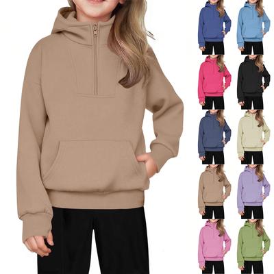 Moletom Infantil Relaxado Meio Zíper Forrado com Lã Moletom com Capuz Cor Sólida para Meninas
