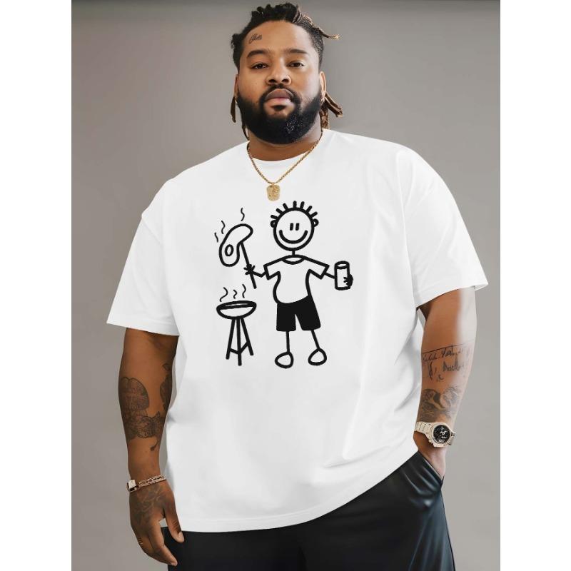 European Size Men's Large Barbecue Pattern T-Shirt - Oversized Casual Summer T-Shirt with Barbecue Illustration