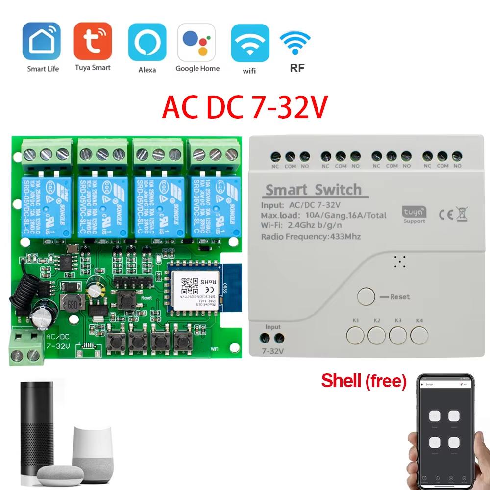 4CH RF Smart Switch 12V 24V 220V AC DC WIFI Tuya Remote Control 433 Light Switch 10A Rele Relay Self-locking Interlock Inching