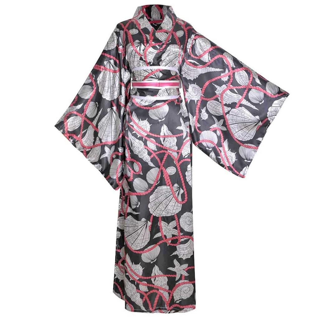 LanBuff Yukata Kimono Long Satin Fabric Pajamas Yukata Japanese Yukata Long Nightgown Women's Robe, Open-Front Loungewear, V-Neck Bathrobe, Pattern,