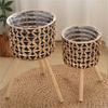 Gourd Grass Plant Stand Flower Pots Holder Stool with 3 Wood Legs Floor Planter Basket Rack for Home or Office Use