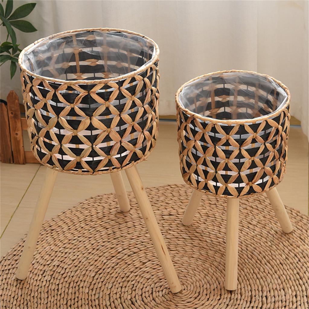 Gourd Grass Plant Stand Flower Pots Holder Stool with 3 Wood Legs Floor Planter Basket Rack for Home or Office Use