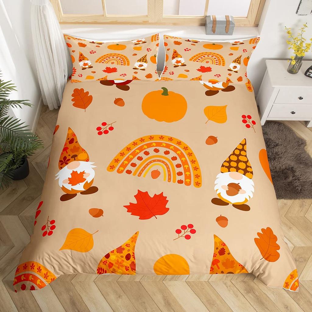 Cartoon Dwarf Dwarf Duvet Cover Queen for Kids Girls,Fall Leaves Pumpkin Bedding Set Autumn Gnome Turkey Maple Leaf Quilt Cover