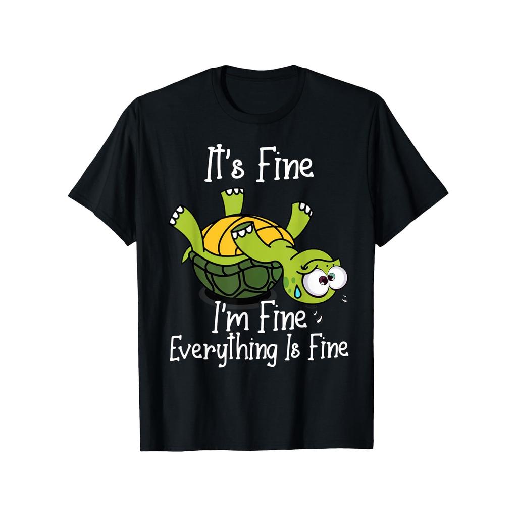 Funny Upside Down Turtle Graphic Tee It's Fine Everything Is Fine Casual Short Sleeve T-Shirt for Unisex