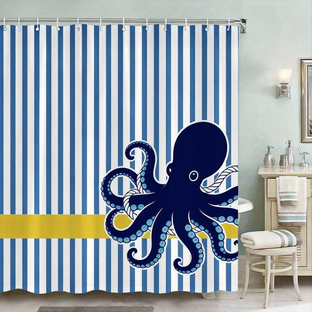 Nautical Shower Curtain 180x180cm – Navy Stripes with Anchor & Yellow Accent, Maritime Bathroom Decor, 12 Hooks
