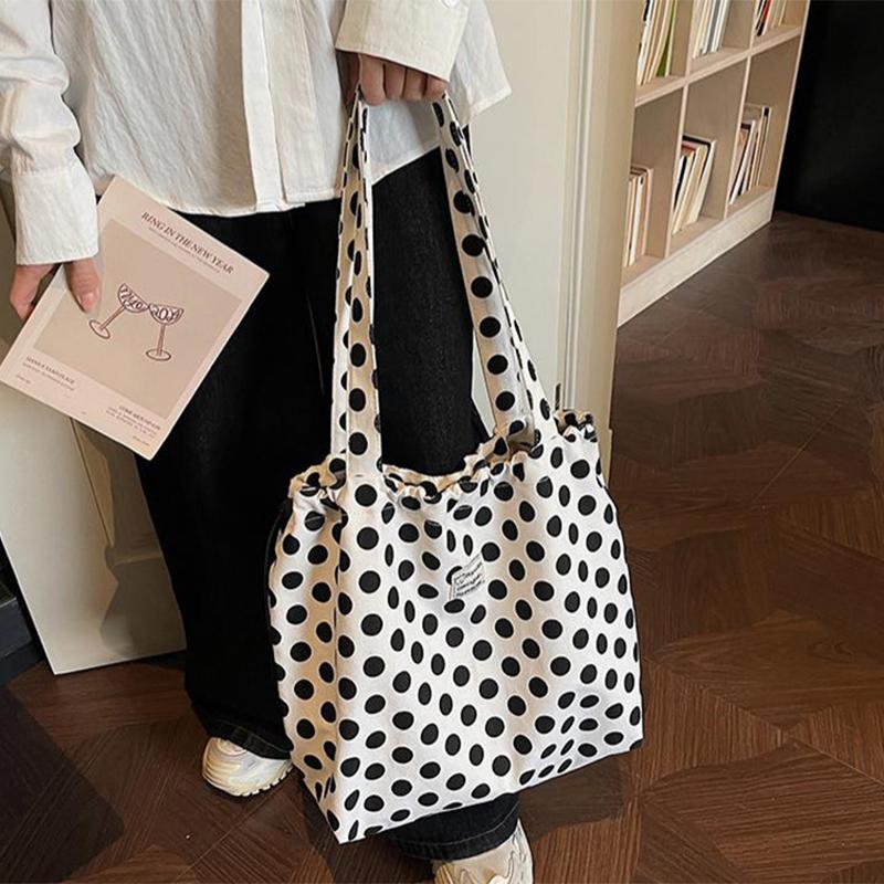Polka Dot Canvas Tote Bag With Drawstring Closure Large Capacity Shoulder Bag Casual Shopping Bag Women Daily Commute Handbag