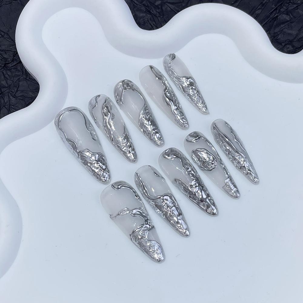 Handmade Y2K Metallic Gradient Luxury Long Stiletto Reusable Press On Nails Artificial Tips