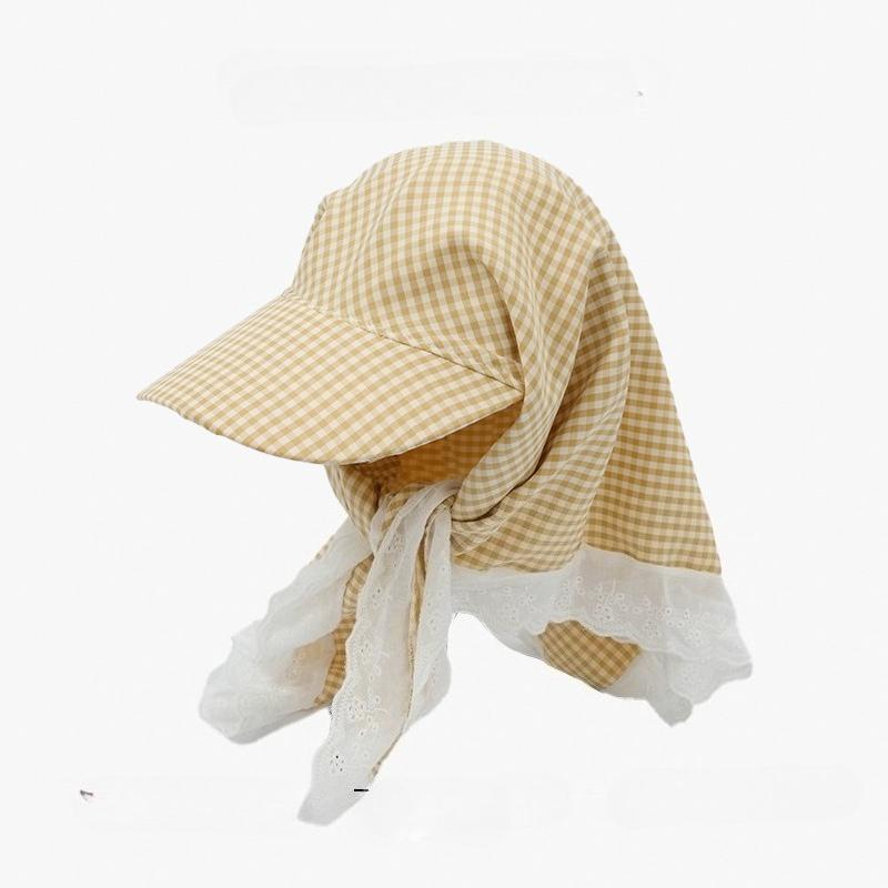2025 Pastoral Lace Headscarf Women's Fashionable Plaid Triangular Duck Tongue Headscarf Hat Summer Travel Vacation Sun Hat