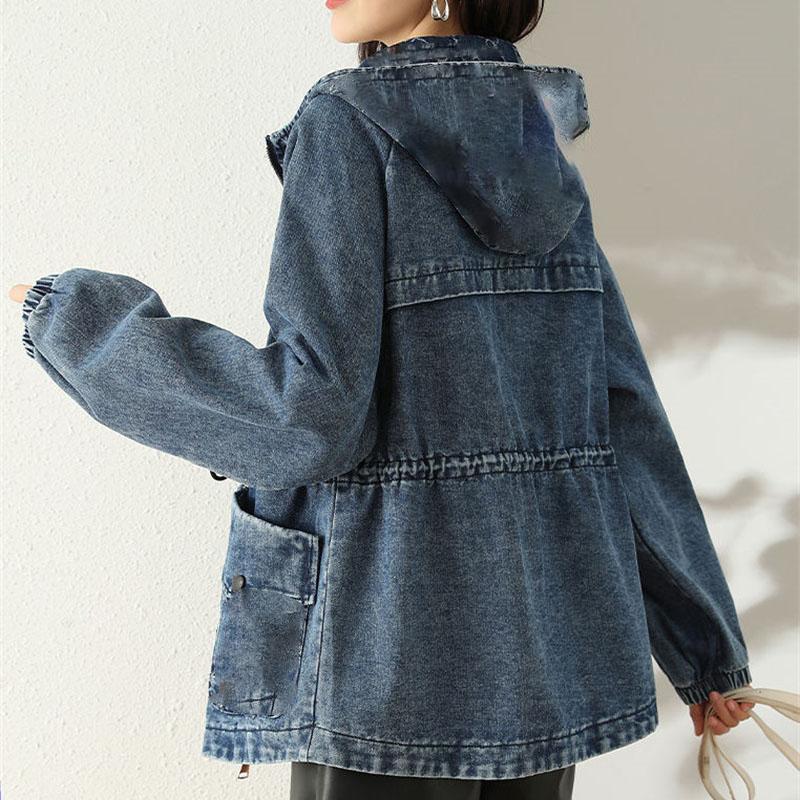 Receive Waist Denim Jacket Women's Spring And Autumn Fashion Korean Version Of Loose Plus Size Hooded Denim Casual Jacket Top