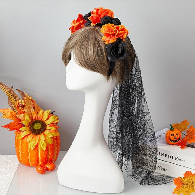 Delicate Rose HairBand Black Headdress Mysterious Rose Hairband with Black Headdress for Halloween Parties Costume