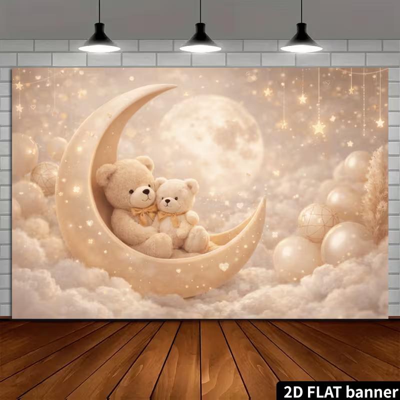 2D Enchanted Beige Moon Backdrop with Teddy Bears, Stars & Fluffy Clouds Newborn Photography Background