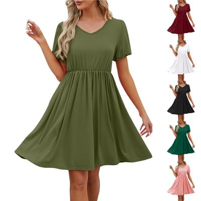 Women's Solid Colour V-Neck Puffy Sleeve Pleated Big Hem Dress Fashion Dresses