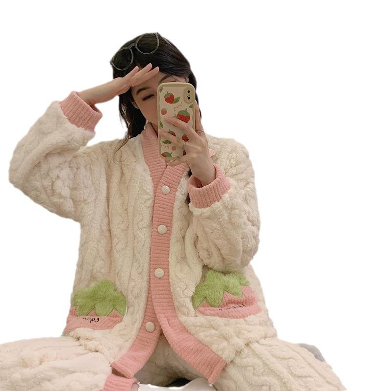 Women's Autumn & Winter Jacquard Coral Fleece Pajamas, Cute V-Neck Cardigan, Thick & Cozy Home Wear