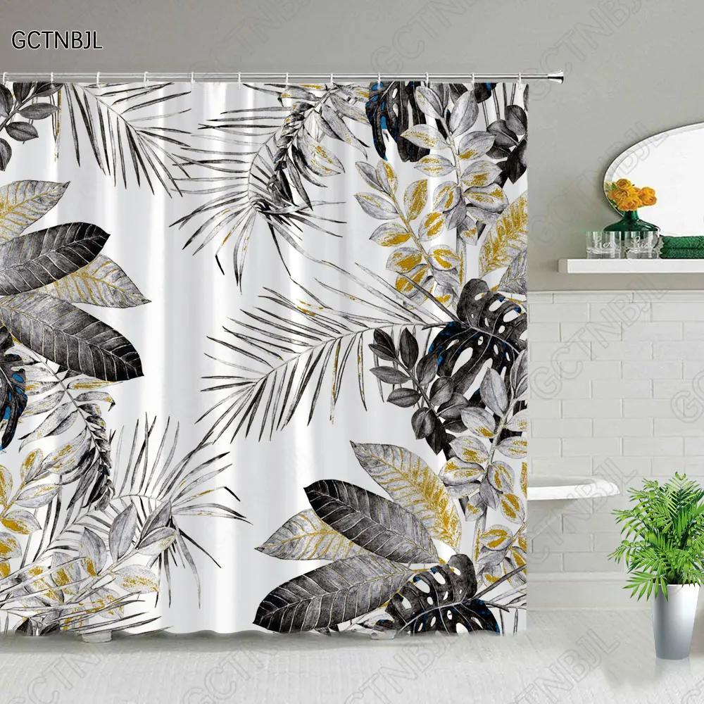 Tropical Green Plant Bathroom Shower Curtains Black Background Gold Palm Leaf Pattern Bath Curtain Waterproof Bathtub Home Decor