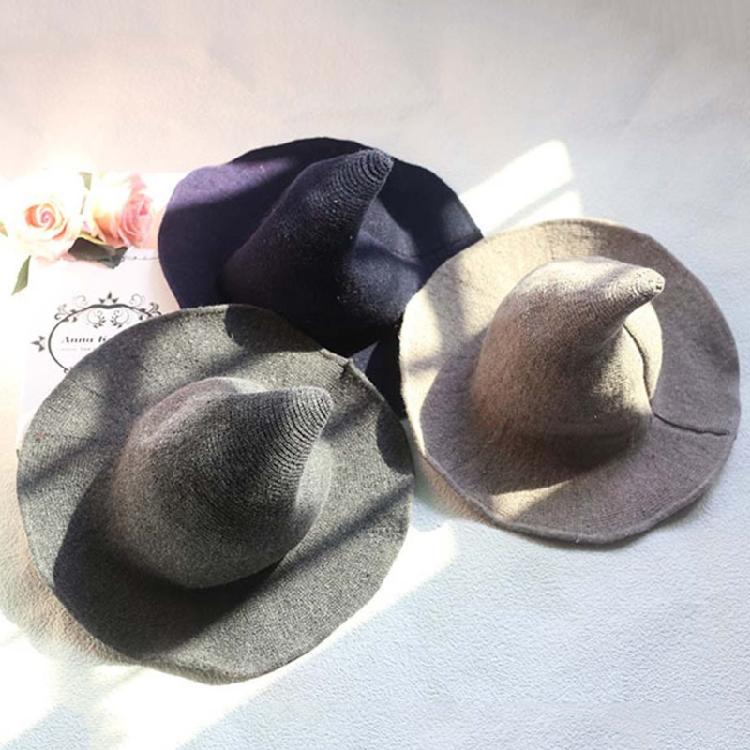 Women Witch Hat Wizard Hat Halloween Witch Pointed Hat Knitted Wool Cap Adult
