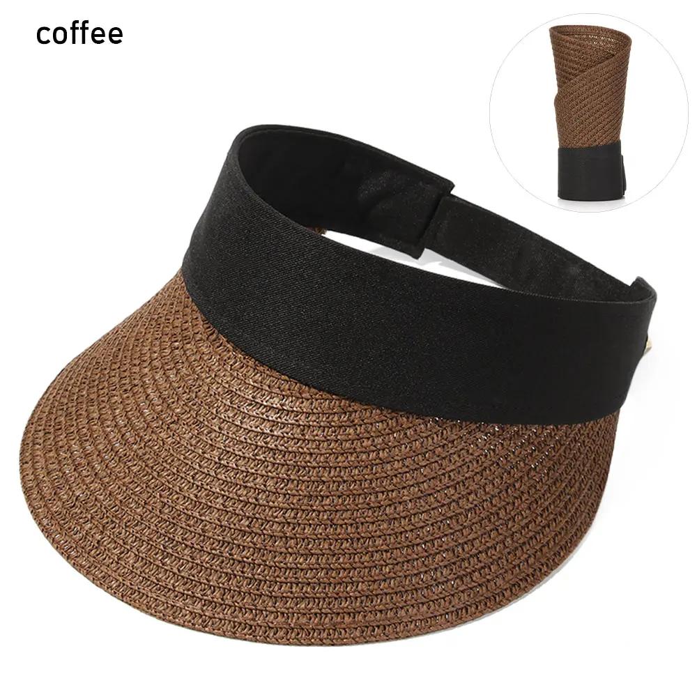 2025 New Summer Casual Roll-up Straw Cap Visor For Women Foldable Portable Beach Hat Outdoor Wide Brim Sun Hat Fashion Accessory