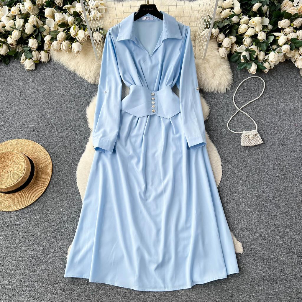 Vintage Spring Autumn Women Dress French Turn-down Collar Full Sleeve Solid Color A-line Female Long Shirt Dresses
