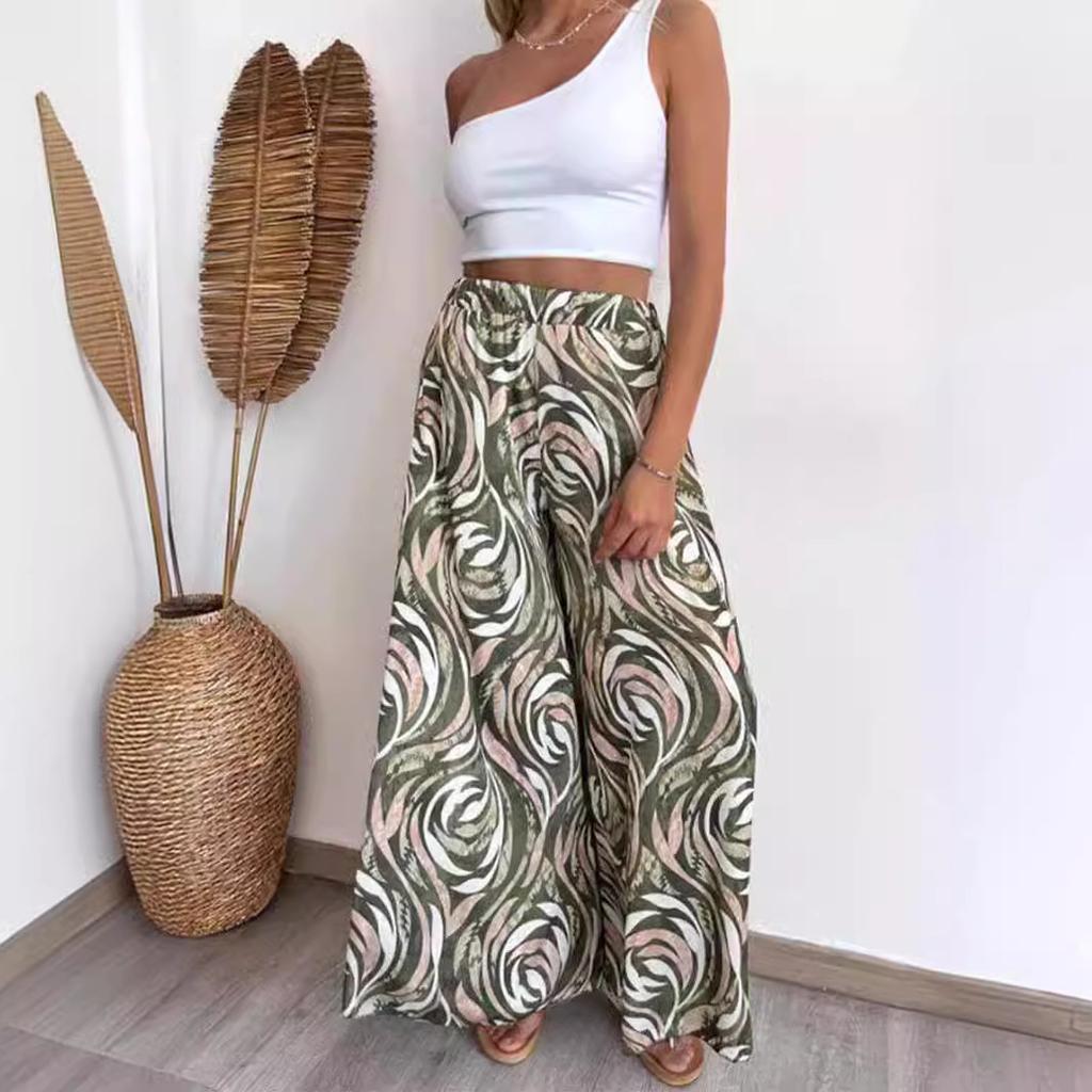 Summer women's loose and casual Bohemian printed wide leg pants with flared pants