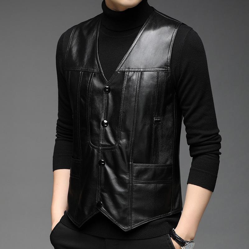 

Осенне-зимнее мужское кожаное пальто из овчины, черное кожаное пальто с v-образным вырезом, молодежное однобортное деловое тонкое кожаное жилет с несколькими карманами L