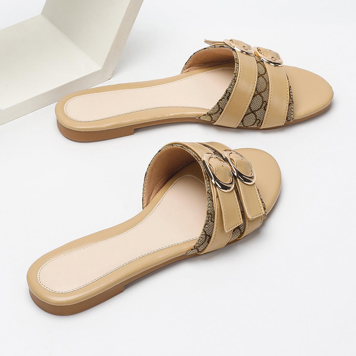 

Fashion 2025 New Luxury Women s Exquisite Slippers Summer Fashion Double Button Decorative Round Head Comfortable Non slip Flat Slippers 43 абрикосовый