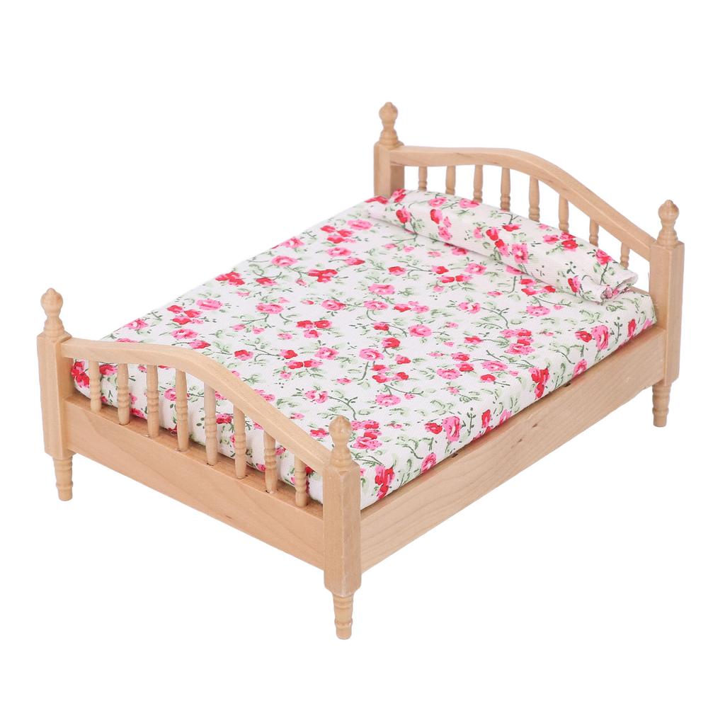 1/12 Miniatur Puppenhaus Bett Elegant Dekorativ Holz Floral Möbelzubehör Miniatur Bett