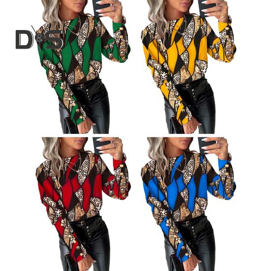 Women Spring Shirt Color Matching Print O Neck Long Sleeve Button Decor Soft Breathable Elegant OL Commute Blouse