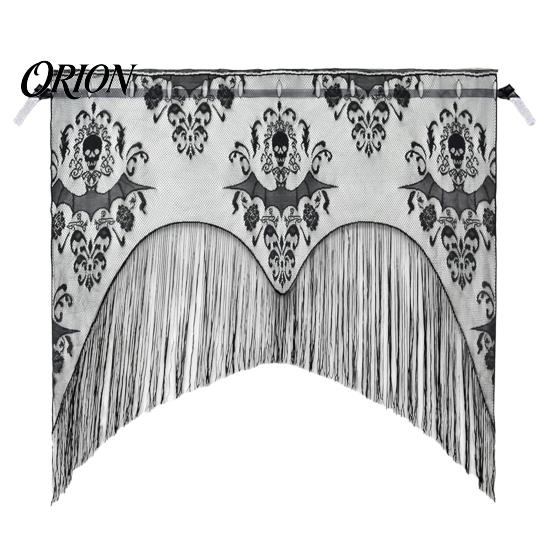 Dark Mystery Window Curtain Halloween Spooky Valance, Skull And Bat Pattern Sheer Lace Curtain, Vintage Style Valance Light Filtering Gothic