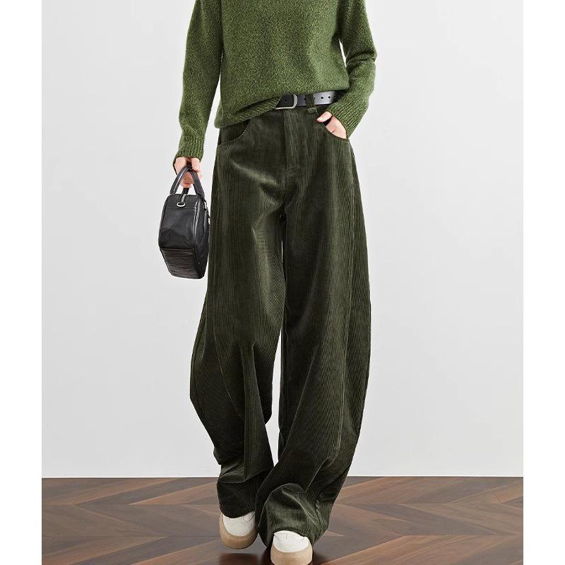 Retro Hong Kong Style Green Striped Corduroy Wide-Leg Women s Pants with Velvet Lining S