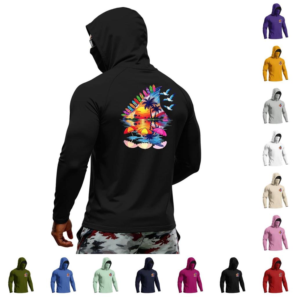 Men's Summer Hawaiian Print Quick Dry Long Sleeve T Shirt Ice Silk UPF50 Plus UV Protection Fitness Sports Hooded Sun Protection Top