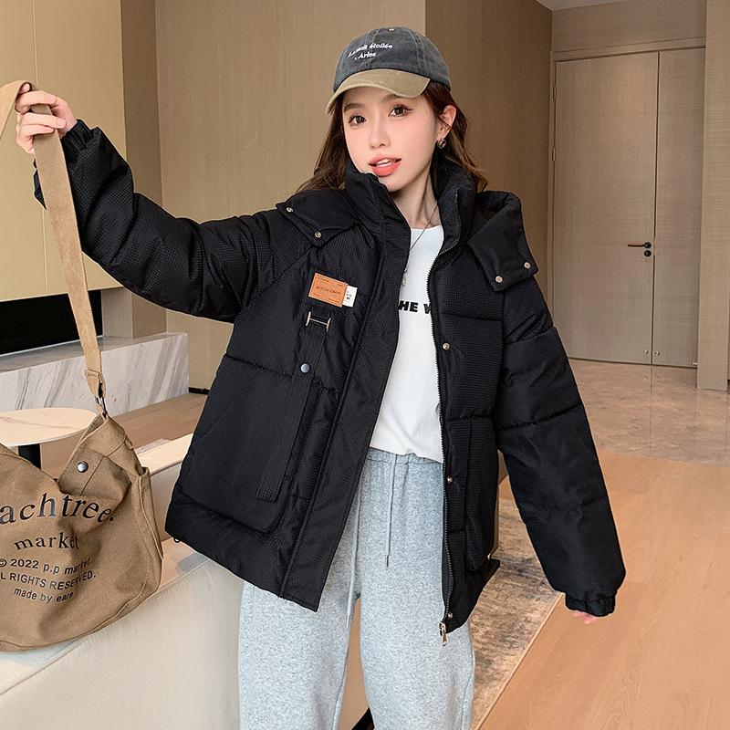 

Короткая хлопковая куртка с капюшоном, утолщенная теплая куртка из пухового хлопка, женская зимняя 2025, новая свободная куртка-хлеб, стеганая куртка S чёрный