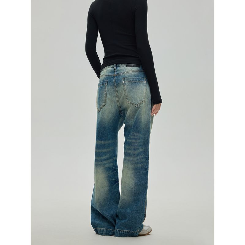 Black of Exit American Retro Washed Distressed Blue Slim-Fit Trousers Basic Versatile Jeans for Men