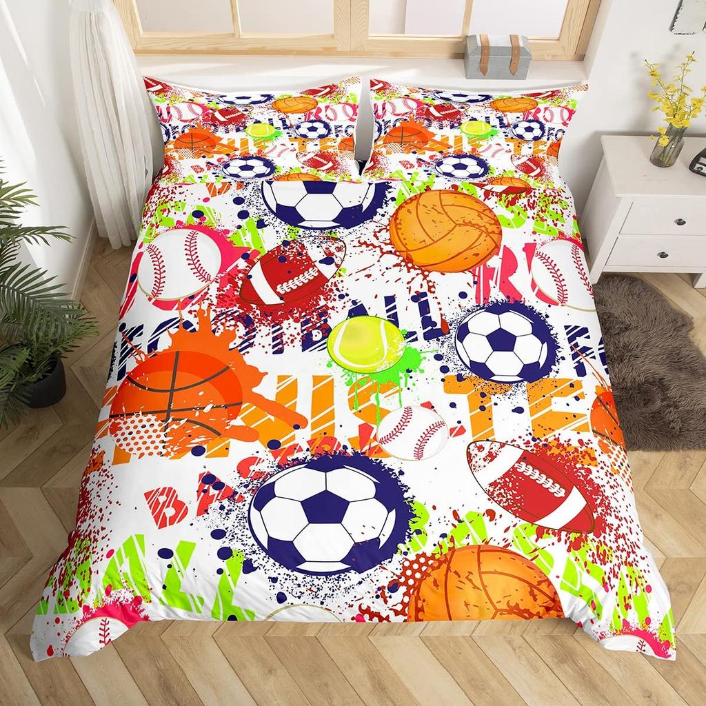 Basketball Duvet Cover Set Queen,Sports Gaming Comforter Cover For Boys Girls,Black Graffiti Bedding Set Sports Bedspread Cover