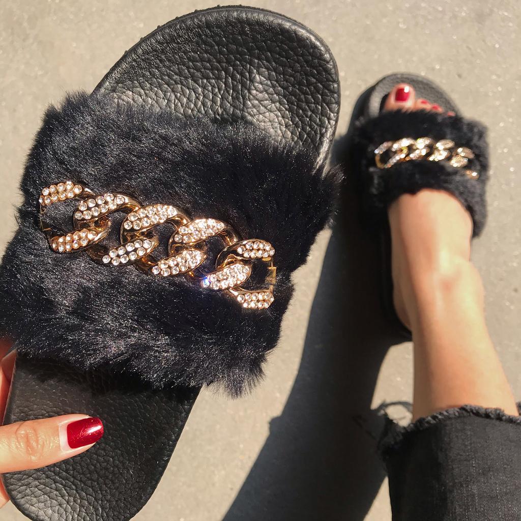 Fashion Beach Women'S Flat Chain Crystal Sandals Slippers Shoes Plush Bear Slippers For Women Foldable Slippers For Women